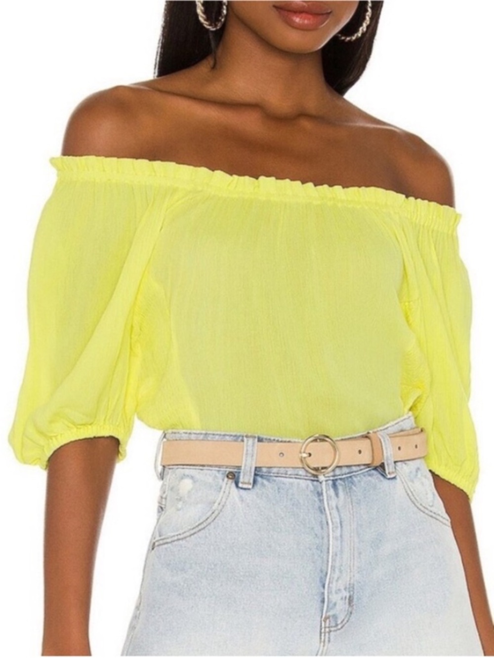 1. STATE Off Shoulder Smock Blouse Citrus Yellow Semi Sheer Revolve , Medium